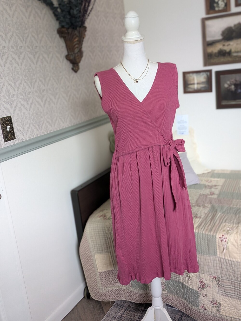 Elegantees Milan Rib Knit Wrap Dress Mauve Berry S NWT Cotton Pockets